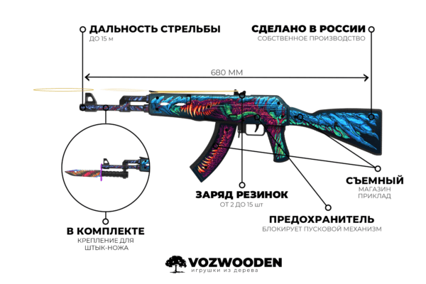 Деревянный автомат VozWooden Active АК-47 Скоростной Зверь (резинкострел) Фото №4