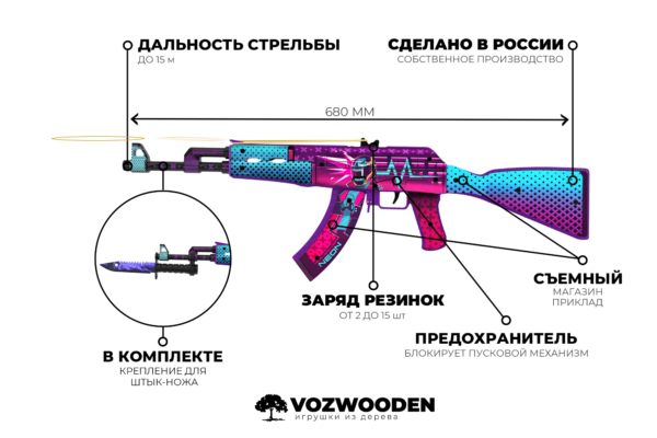 Деревянный автомат VozWooden Active АК-47 Неоновый Гонщик (резинкострел) Фото №4