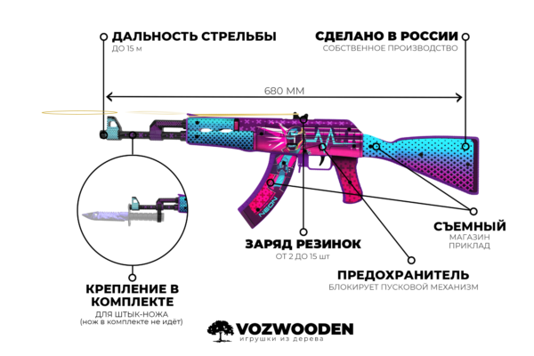 Деревянный автомат VozWooden Active АК-47 Неоновый Гонщик (резинкострел) Фото №6