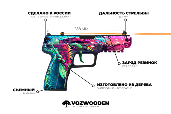 Деревянный пистолет VozWooden Active Five-seveN (FN) Скоростной Зверь (резинкострел) Фото №6