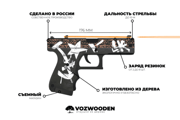 Деревянный пистолет VozWooden Active Glock-18 Пустынный Повстанец (резинкострел) Фото №5