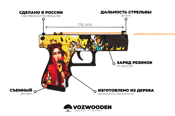 Деревянный пистолет VozWooden Active Glock-18 Королева Пуль (резинкострел) Фото №6