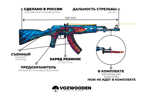 Деревянный автомат VozWooden Active АК-47 Скоростной Зверь (резинкострел) Фото №7