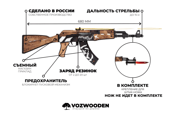 Деревянный автомат VozWooden Active АК-47 Пустынный Повстанец (резинкострел) Фото №7