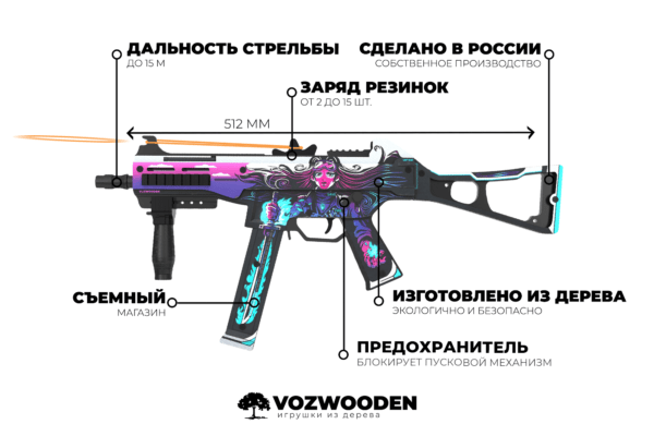 Деревянный пистолет-пулемет VozWooden Active UMP-45 Нео-Нуар (резинкострел) Фото №4