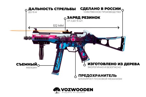 Деревянный пистолет-пулемет VozWooden Active UMP-45 Нео-Нуар (резинкострел) Фото №7