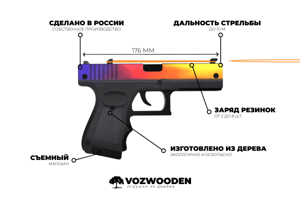 Деревянный пистолет VozWooden Active Glock-18 Градиент (резинкострел) Фото №4