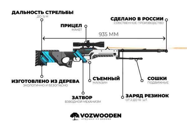 Деревянная снайперская винтовка VozWooden Active AWP Вулкан (резинкострел) Фото №4