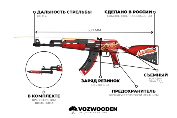 Деревянный автомат VozWooden Active АК-47 / AKR 2 Года Красный/ 2 Years Red (Стандофф 2 резинкострел) Фото №4
