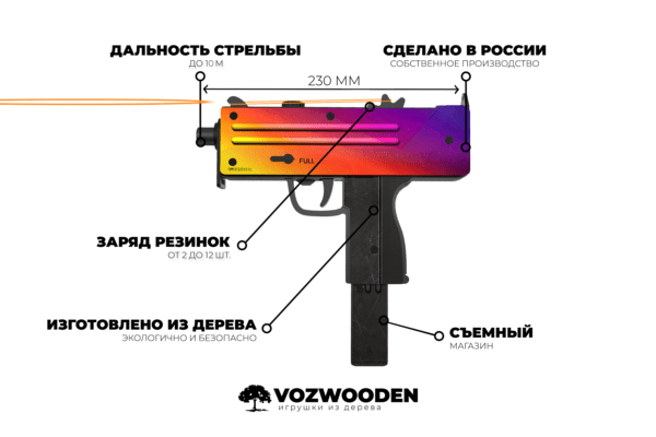 Деревянный пистолет-пулемет VozWooden Active Mac-10 Градиент (резинкострел) Фото №5