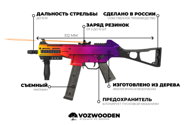 Деревянный пистолет-пулемет VozWooden UMP-45 Градиент (резинкострел) Фото №4