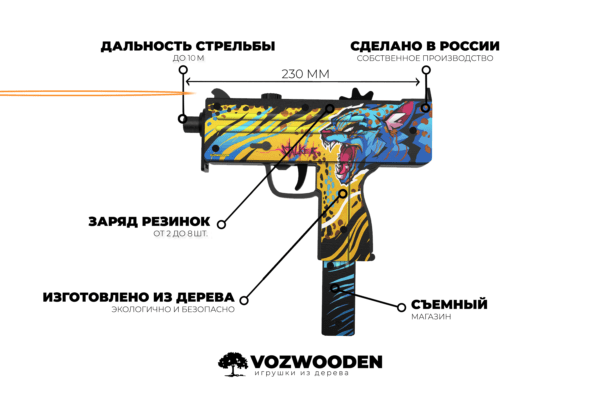 Деревянный пистолет-пулемет VozWooden Active Mac-10 На Охоте (резинкострел) Фото №5