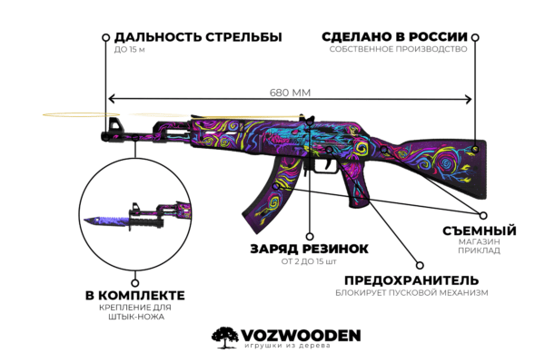 Деревянный автомат VozWooden Active АК-47 Найтвиш (резинкострел) Фото №4