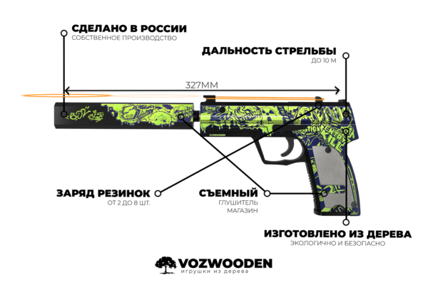 Деревянный пистолет VozWooden Active USP СтикерБомбинг (Стандофф 2 резинкострел) Фото №5