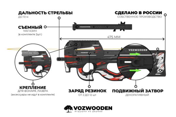 Деревянный пистолет-пулемет VozWooden Active P90 Самурай (Стандофф 2 резинкострел) Фото №5