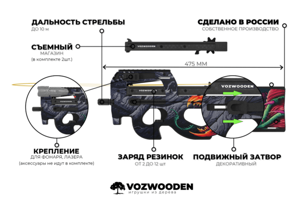 Деревянный пистолет-пулемет VozWooden Active P90 Скоростной Зверь (резинкострел) Фото №4