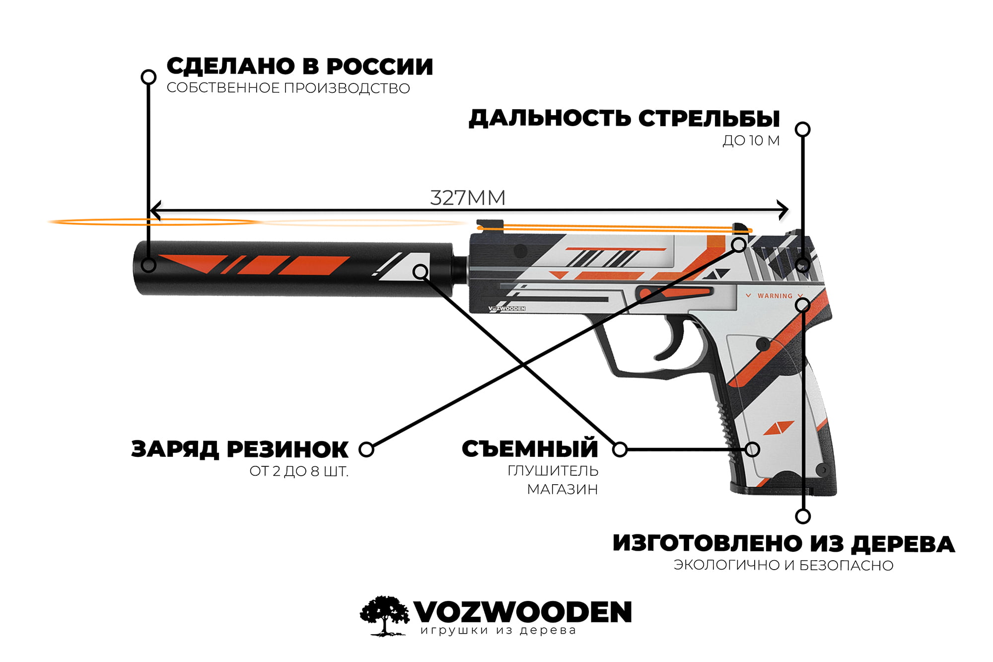 Деревянный пистолет VozWooden Active USP-S Азимов (резинкострел) Фото №5